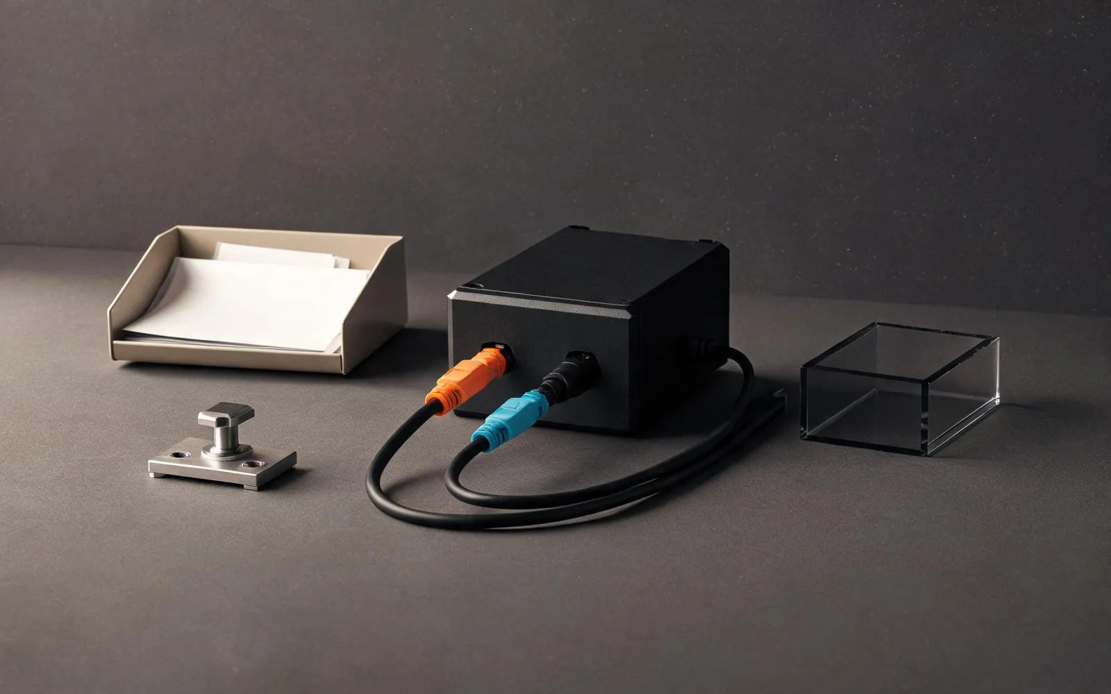 A compact black module connected to several work objects by orange and cyan cables